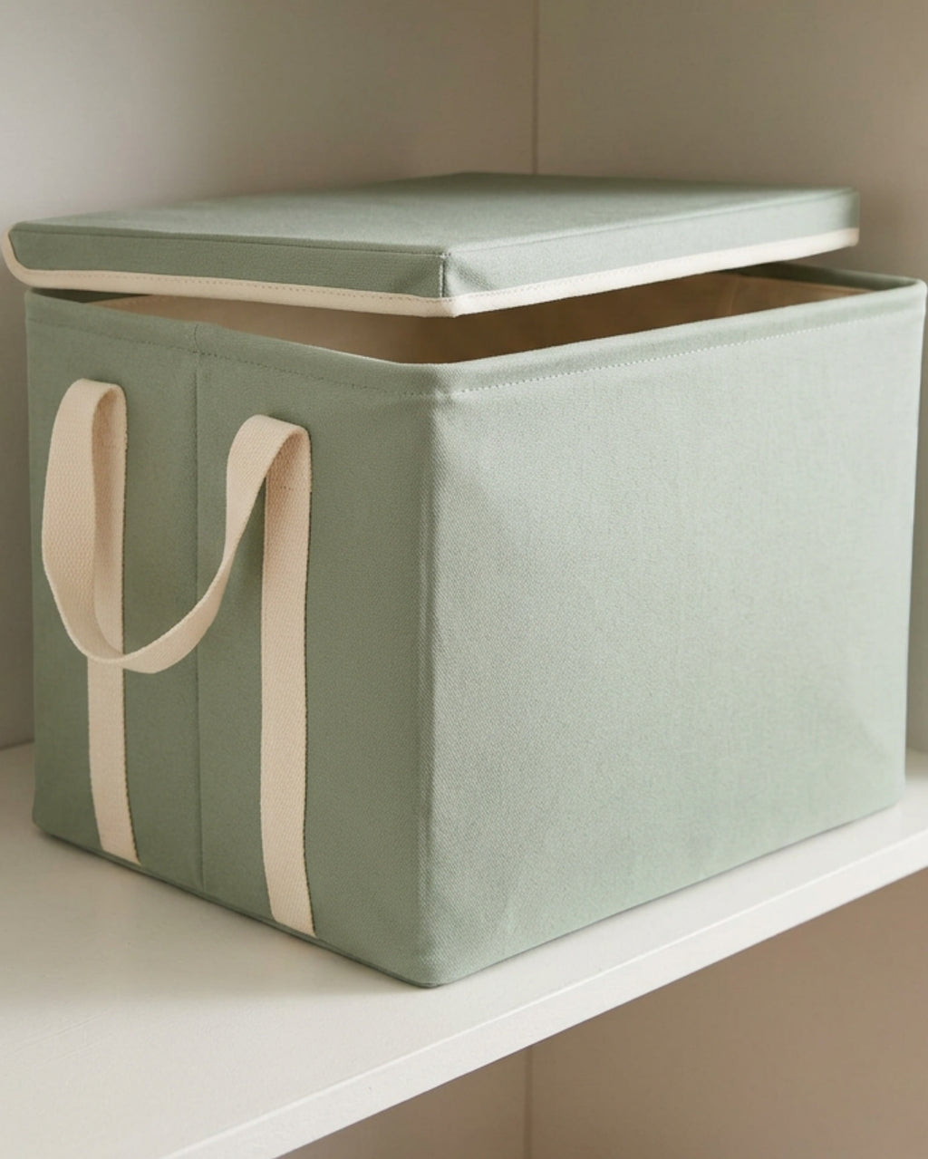 Luvna Lidloom Foldable Canvas Storage Basket with Lid 18 in Sage Cream - Lifestyle view