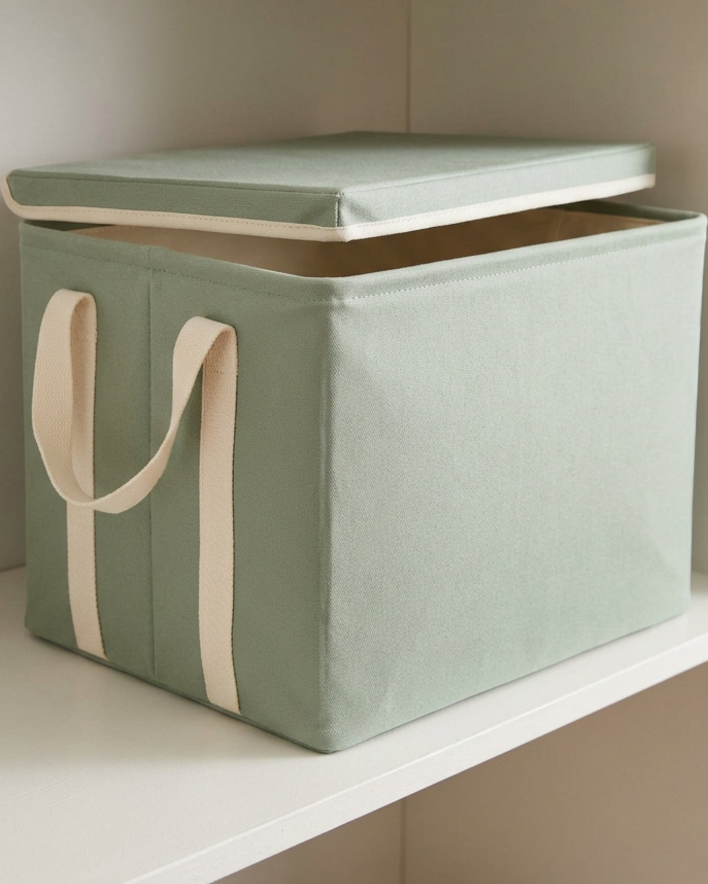 Luvna Lidloom Foldable Canvas Storage Basket with Lid 18 in Sage Cream - Lifestyle view